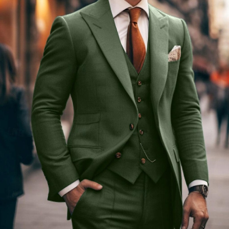Men's Wedding Suits Peak Jade Solid Colored Tailored Fit 3 Piece Single Breasted One-button