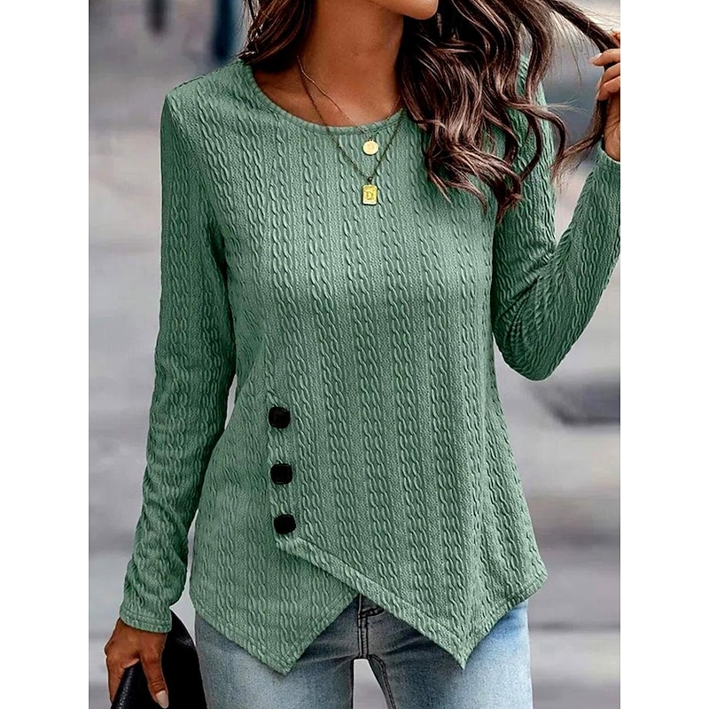 Women's Tunic Blouse Elegant Stylish Solid Color Buttons Asymmetric Hem Long Sleeve Regular Tops Crew Neck Daily Sage Green Spring Fall Winter3