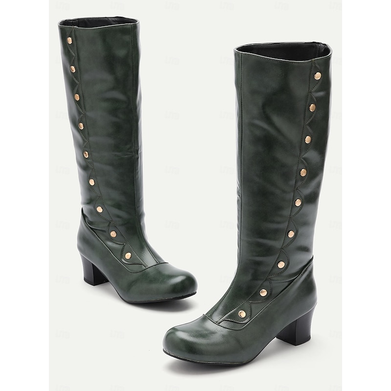 Women's Green Knee-High Vintage Fashion Boots - Stylish Button-Decorated Heeled Boots for Fall and Winter, Perfect for Casual and Formal Wear2