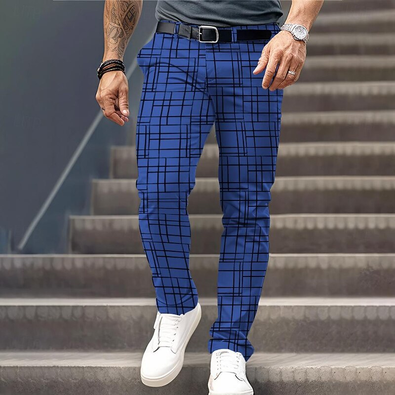 Men's Plaid Dress Pants Mid Waist Formal Casual Pocket 3D Print Buttons Summer Spring Fall & Winter 3D Print Navy Blue Blue3