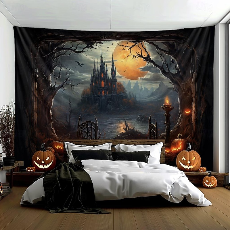 Halloween Decorations Hanging Tapestry Jack O Lantern Pumpkins Wall Art Large Tapestry Mural Decor Photograph Backdrop Blanket Curtain Home Bedroom Living Room Forest Castle3