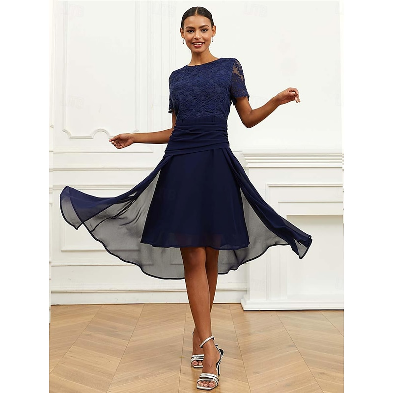 Women's Wedding Guest Cocktail Dress Chiffon Lace Ruched Crew Neck Short Sleeve Midi Dress Party Elegant Formal Dark Blue Summer3