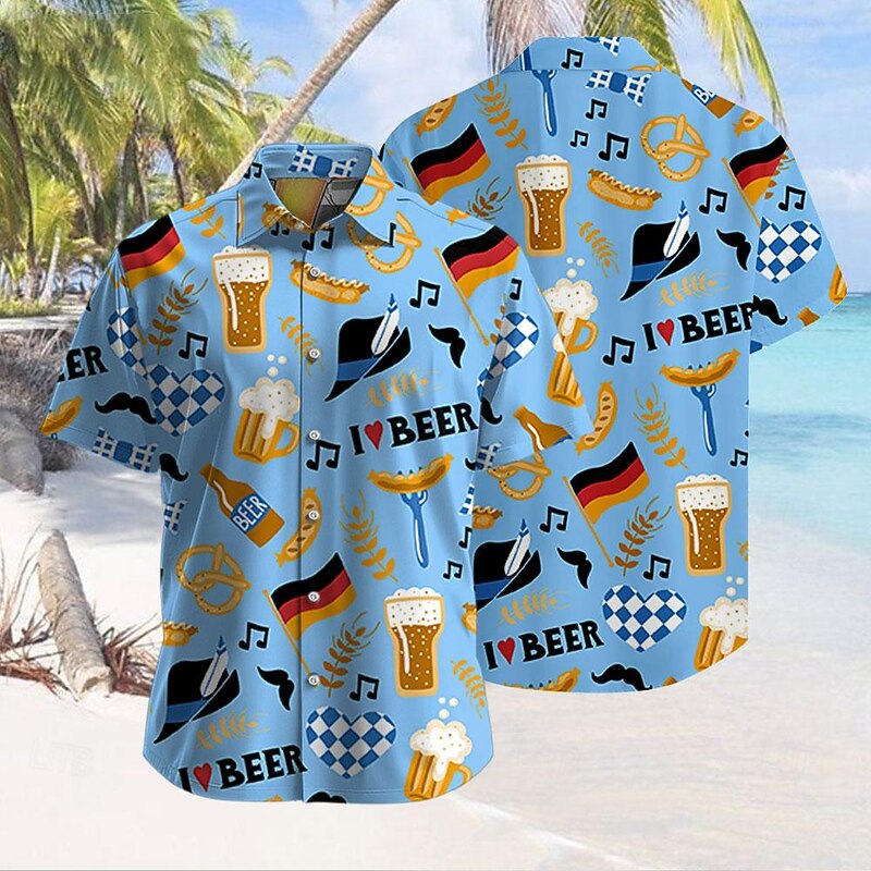 Men's Beer Summer Hawaiian Shirt Aloha Shirt Short Sleeve Hawaiian Casual Resort Outdoor Vacation Street Summer Spring Turndown Print Blue