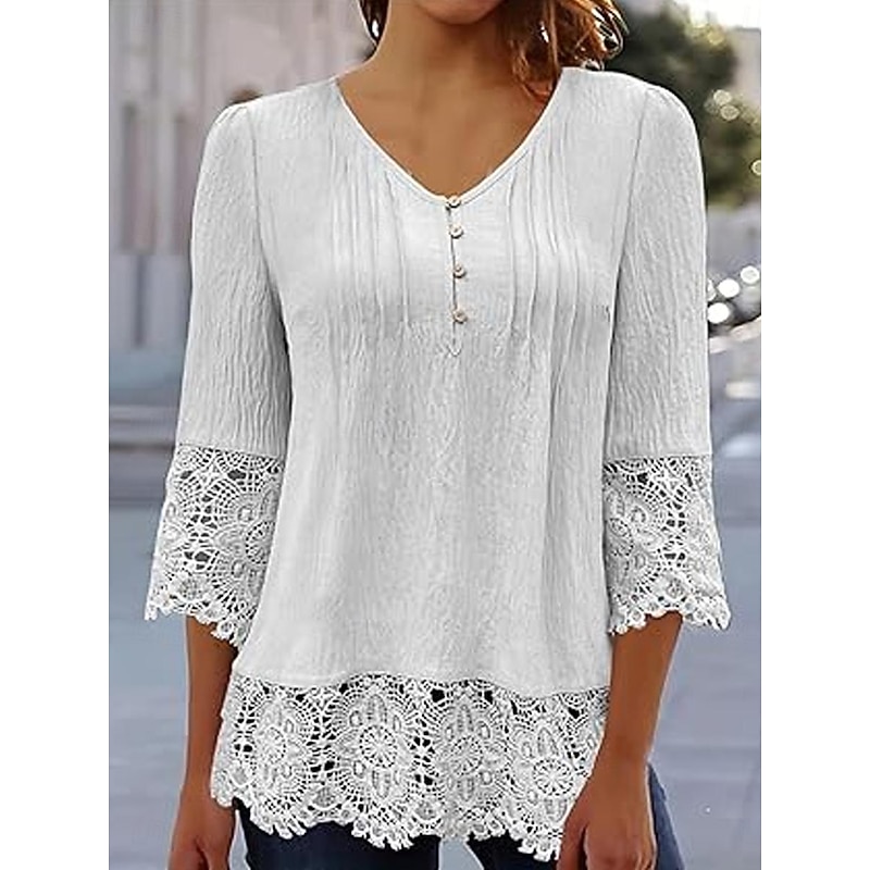 Women's White Elegant Lace Tops Eyelet Blouse Stylish Casual Solid Color Lace Buttons 3 4 Length Sleeve Regular Tops V Neck Daily Romantic Petite Tops Summer Holiday Wear White Pink Blue Gray Spring