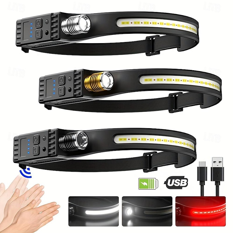 Shustar Outdoor LED Headlamp with Motion Sensor USB Rechargeable Headlamp Zoomable Super Bright 6 Modes Zoomable Flashlight for Camping Running Fishing Hiking Work Helmet Headlamps