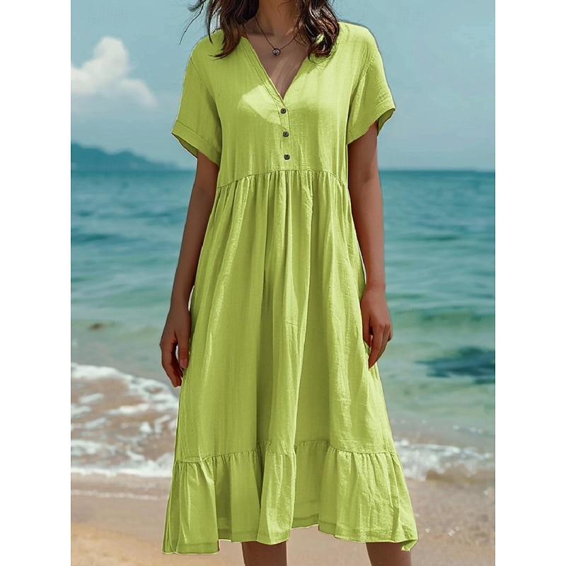 Women's Normal Midi Dress Cotton Linen Dresses Casual Dress Casual Street Regular Fit Solid Color Short Sleeve V Neck Light Green Dark Green Orange Dark Grey Summer
