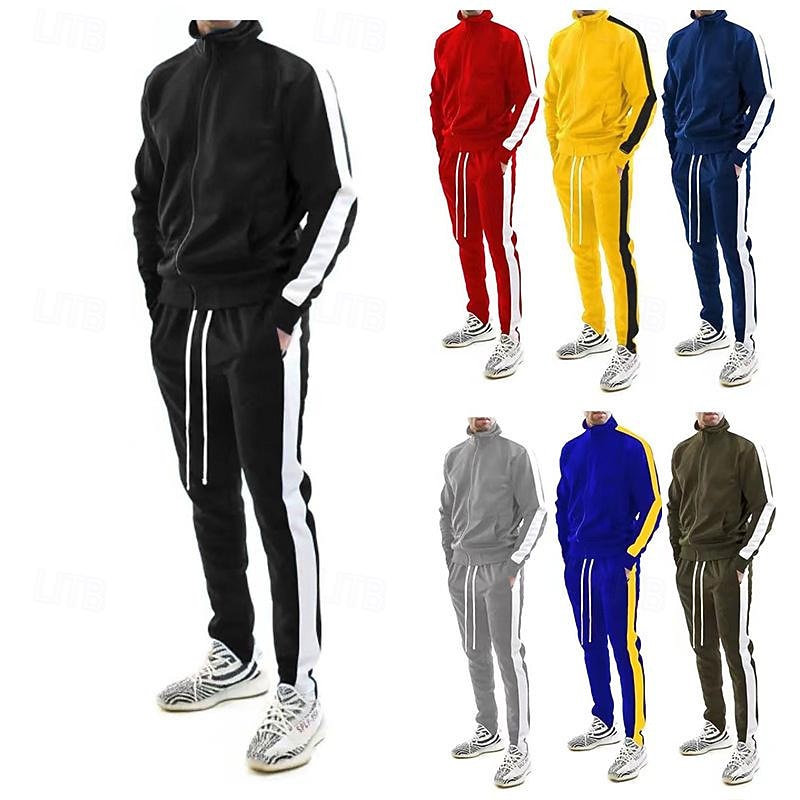 Men's Tracksuit Jogging Suit Drawstring Pocket Color Block Athletic Clothing Set Spring Black Yellow Gym Workout Jogging Running Soft Breathable Long Sleeve Sport Activewear Micro-elastic Regular Fit