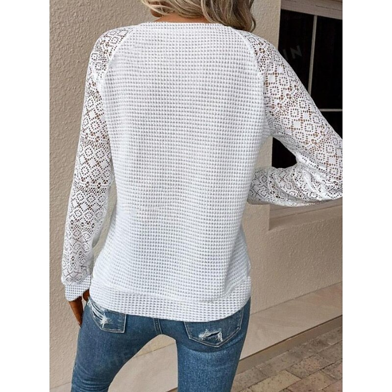 Women's Designer Sweatshirt Elegant Casual Going out Crew Neck Eyelet Loose Fit Long Sleeve Black White Spring Fall2