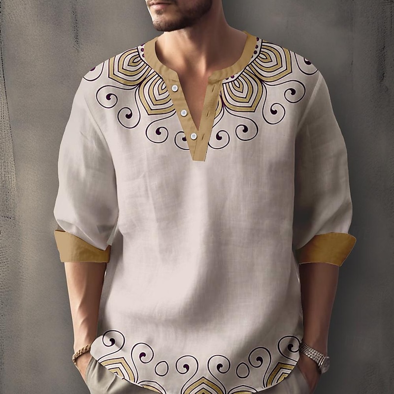 Men's Pattern Ethnic Shirt Button Up Shirt Long Sleeve Casual Tribal Holiday Summer Spring Fall Stand Collar Print Apricot