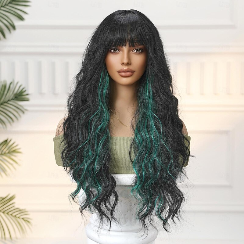 Synthetic Wig Uniforms Career Costumes Princess Curly Wavy Middle Part Layered Haircut Machine Made Wig 26 inch Black / Green Synthetic Hair Women's Cosplay Party Fashion Green2
