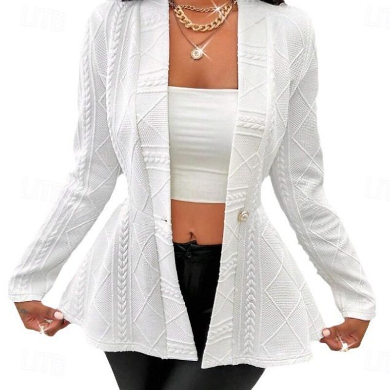 Women's Blazer Office Deep V Ruffle Solid Color Warm Fashion Regular Fit Outerwear Long Sleeve Spring White S3