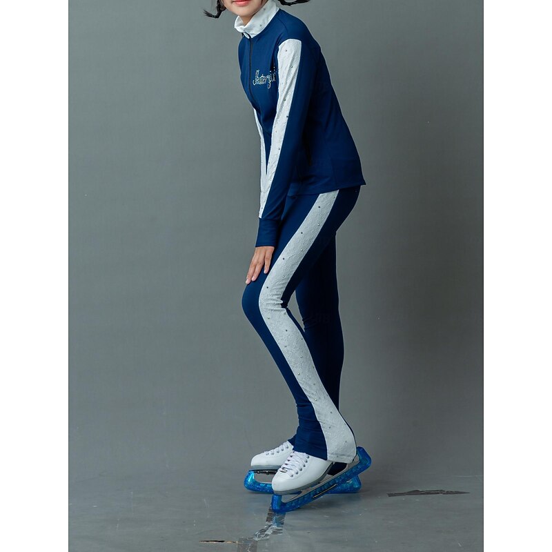 Figure Skating Fleece Jacket Figure Skating Pants Figure Skating Jacket with Pants Women's Girls' Ice Skating Jacket Tights Outfits Blue White Patchwork Thumbhole Spandex Lace Stretchy Training3