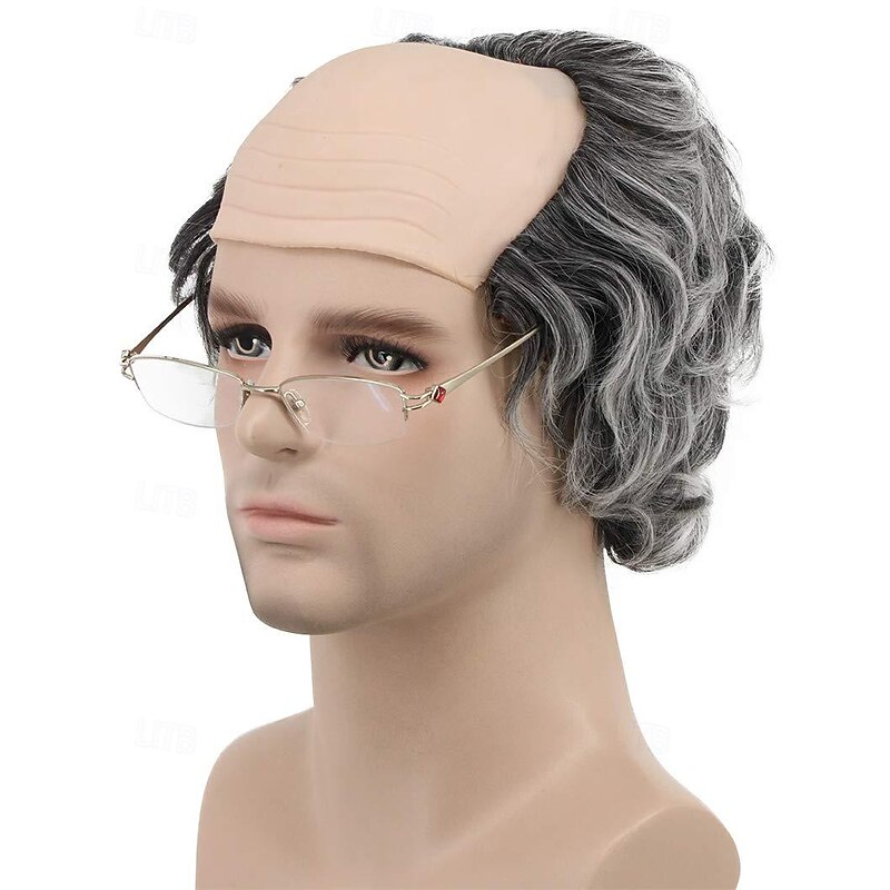 Short Curly Fits Old Man Bald Cap Gray Mad Scientist Carnival Cosplay Wig Anime Costume Party Wig3