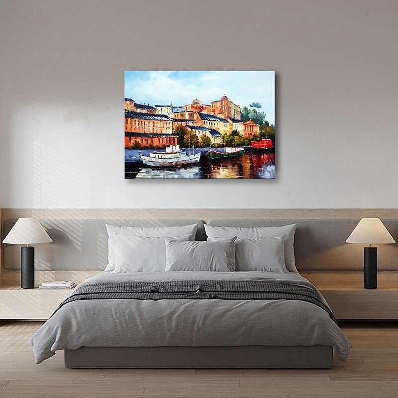 Handmade Oil Painting Canvas Wall Art Decoration Landscape Oil Painting Italian Water City Architecture for Home Decor Rolled Frameless Unstretched Painting3