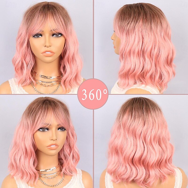 Synthetic Wig Natural Wave Bob Neat Bang Wig 12 inch Black / Pink Synthetic Hair Women's Multi-color Mixed Color2