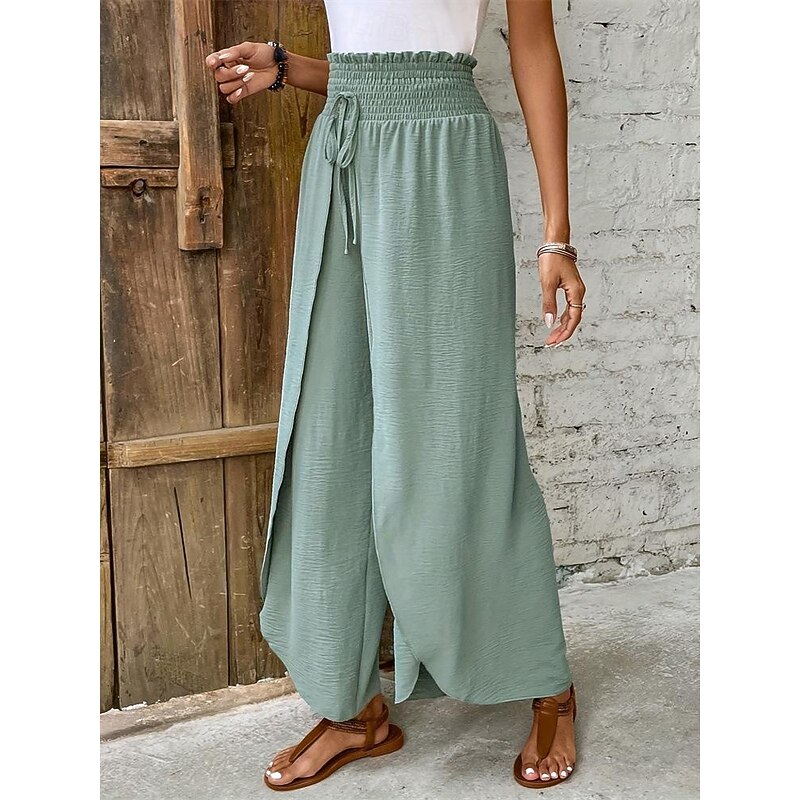 Women's Wide Leg Pants Trousers Fashion Long Plain Drawstring Split Breathability Comfortable Micro-elastic Casual Daily Green Spring & Summer Loose Fit4