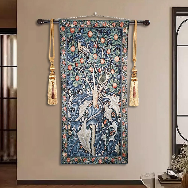 Jacquard Woven Tapestry Gobelin Aubusson Wall Art Hanging Large Tapestry Reproduction Loom Cotton Weave William Morris Tree Belgian Tapestry (without tassels and rod)