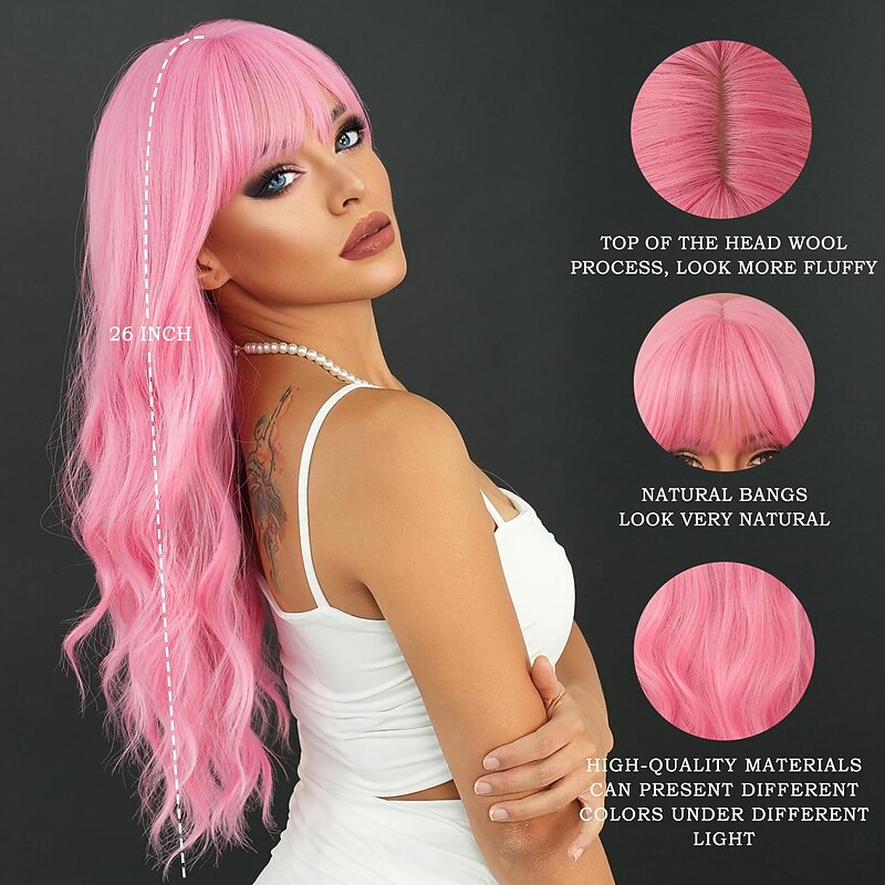 Long Wavy Pink Wig 24in Natural Heat Resistant Fiber Synthetic Curly Light Pink Wigs with BangsHalloween Cosplay Party Wigs4