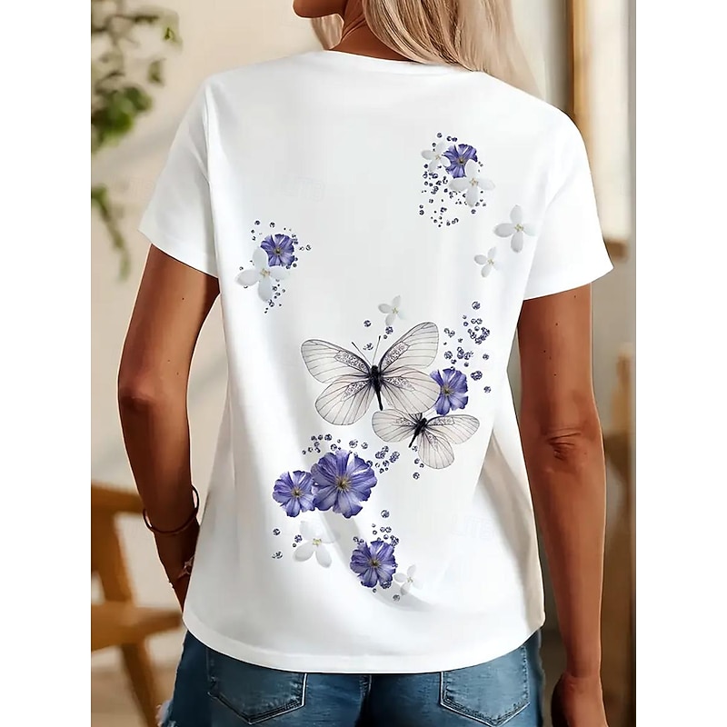 Women's T Shirt Floral Butterfly Stylish Casual Short Sleeve Crew Neck Regular Tops Daily Print White Summer2