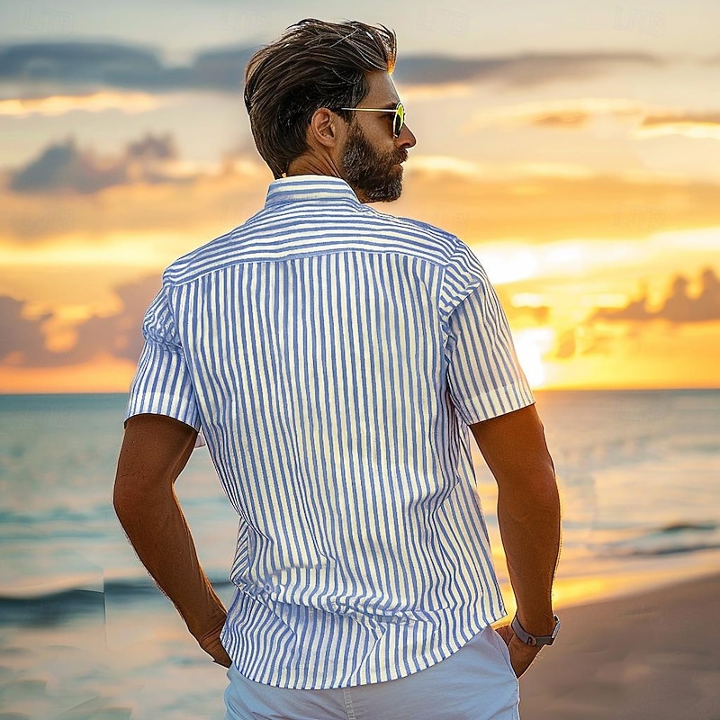 Men's 100% Cotton Shirt Blue Short Sleeve Striped Turndown Shirt Collar Work Sports & Outdoor Button Clothing Apparel Vacation Daily Casual Daily2