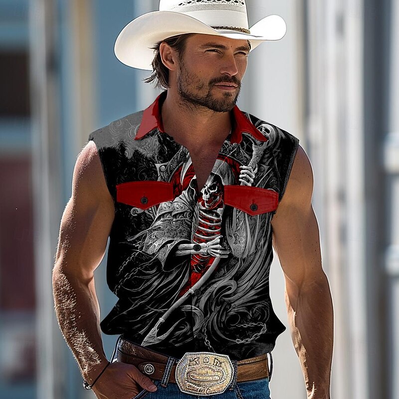 Men's Grim Reaper Halloween Costumes Shirt Western Shirt Sleeveless Western Style Dark Outdoor Work Party / Evening Summer Spring Shirt Collar Black