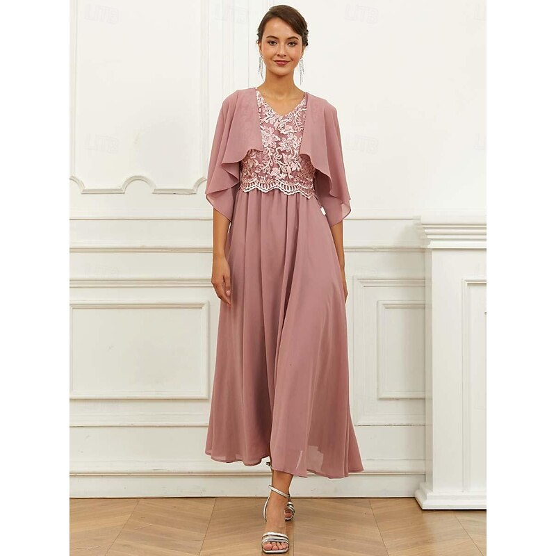 Women's Wedding Guest Cocktail Dress Chiffon Lace Ruffle V Neck Short Sleeve Midi Dress Party Elegant Formal Pink Summer2