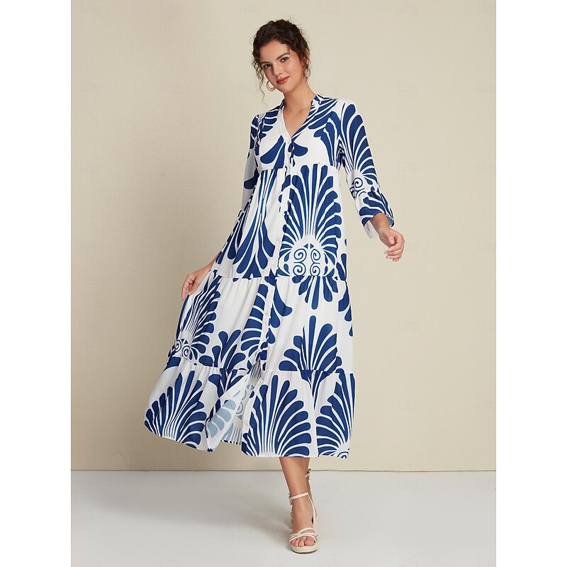 Chiffon Folk Print 3/4 Length Sleeve V Wire Maxi Dress
