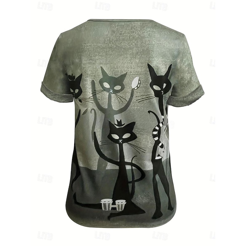 Halloween Women's T shirt Black Cat Casual Print Short Sleeve Regular Tops V Neck Daily Red Blue Green Summer2