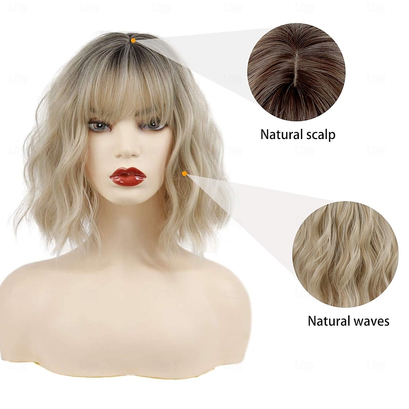 Short Ombre Blonde Wigs Wavy Bob Wig with Bangs Women Synthetic Curly Pastel Bob Wig for Girl Colorful Cosplay Wigs3