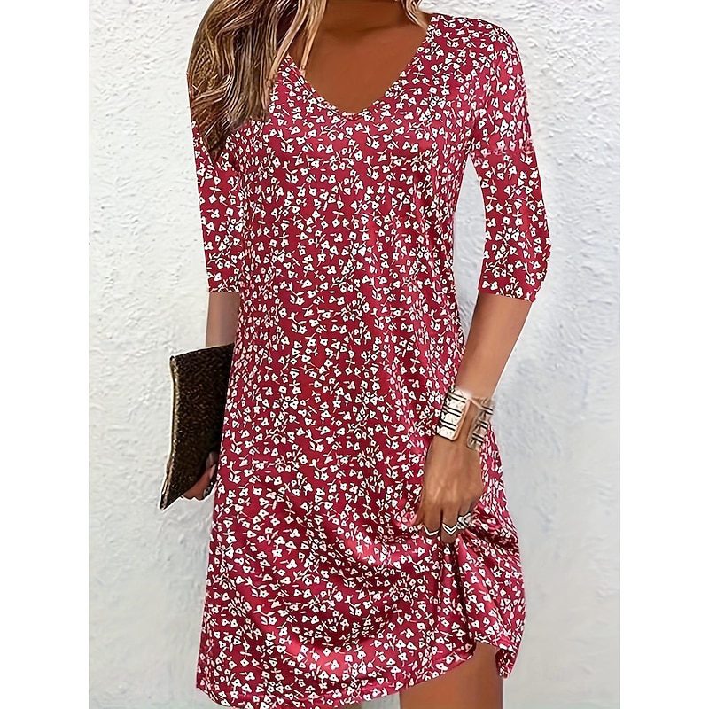 Women's Jumper Dress Graphic Ditsy Floral Print V Neck Midi Dress Elegant Bohemia Home Daily 3/4 Length Sleeve Summer Spring