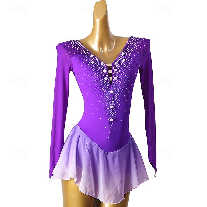 Figure Skating Dress Women's Girls' Ice Skating Dress Violet Patchwork Open Back Mesh Spandex High Elasticity Training Practice Professional Skating Wear Classic Crystal / Rhinestone Long Sleeve Ice2