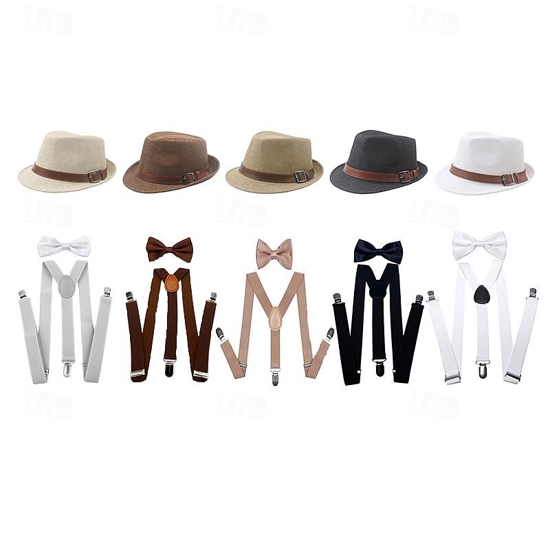 Retro Vintage Roaring 20s 1920s Panama Hat Accesories Set The Great Gatsby Fancy Dress Men's Masquerade Event / Party Bachelorette Party Adults' Cravat Hat Suspenders