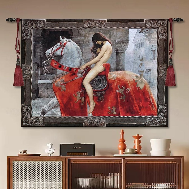 Jacquard Woven Tapestry Gobelin Aubusson Wall Art Hanging Large Tapestry Reproduction Loom Cotton Weave Lady Godiva Belgian Tapestry (without tassels and rod)