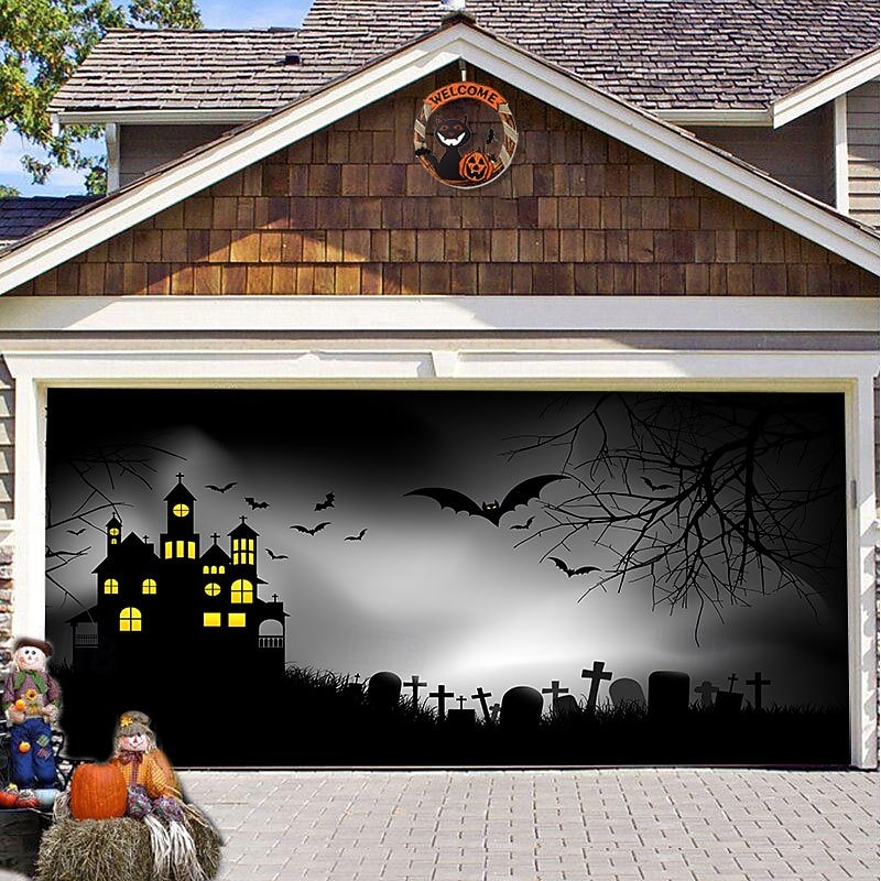 Halloween Door Decorations Halloween Garage Door Cover Pumpkins Jack O Lantern Outdoor Banner Ghost Bats Large Backdrop Decoration for Holiday Out door Decorations Door Home Wall Decorations 9