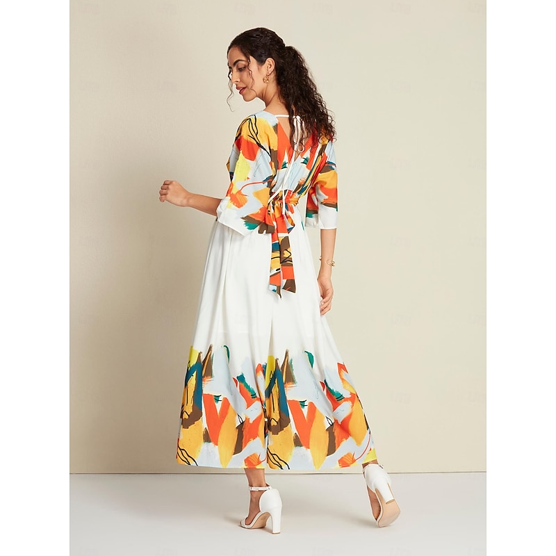 Satin Graphic Tie Back V Neck Half Sleeve Hem Maxi Dress2