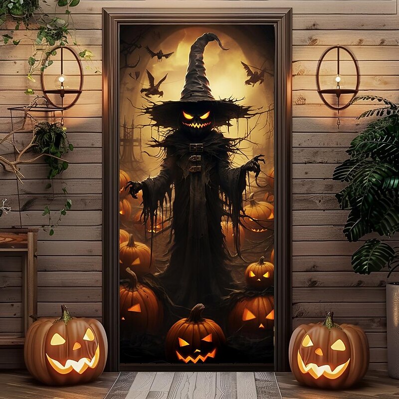Halloween Door Decorations Halloween Door Covers Jack O Lantern Pumpkin Door Tapestry Door Curtain Decoration Backdrop Door Banner for Front Door Farmhouse Holiday Party Decor Supplies Scarecrow4