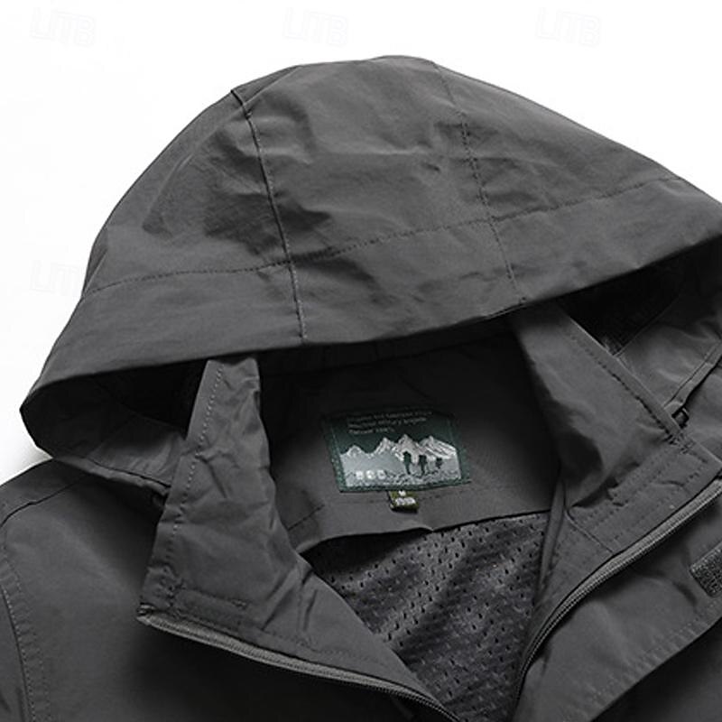 Men's Outdoor Jacket Transition Jacket Hiking Removable Multiple Pockets All Seasons Plain Casual Hooded Regular Black Khaki Dark Blue Gray Jacket 15