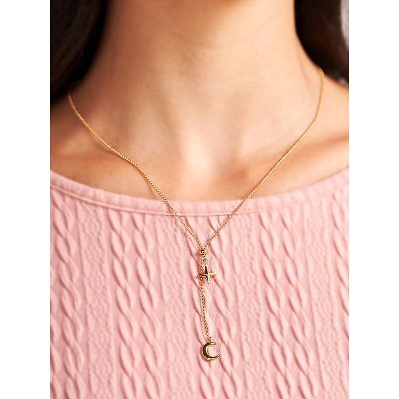 Women's Gold Star and Moon Pendant Necklace - Titanium Steel Lariat Chain Perfect for Casual and Elegant Styles2