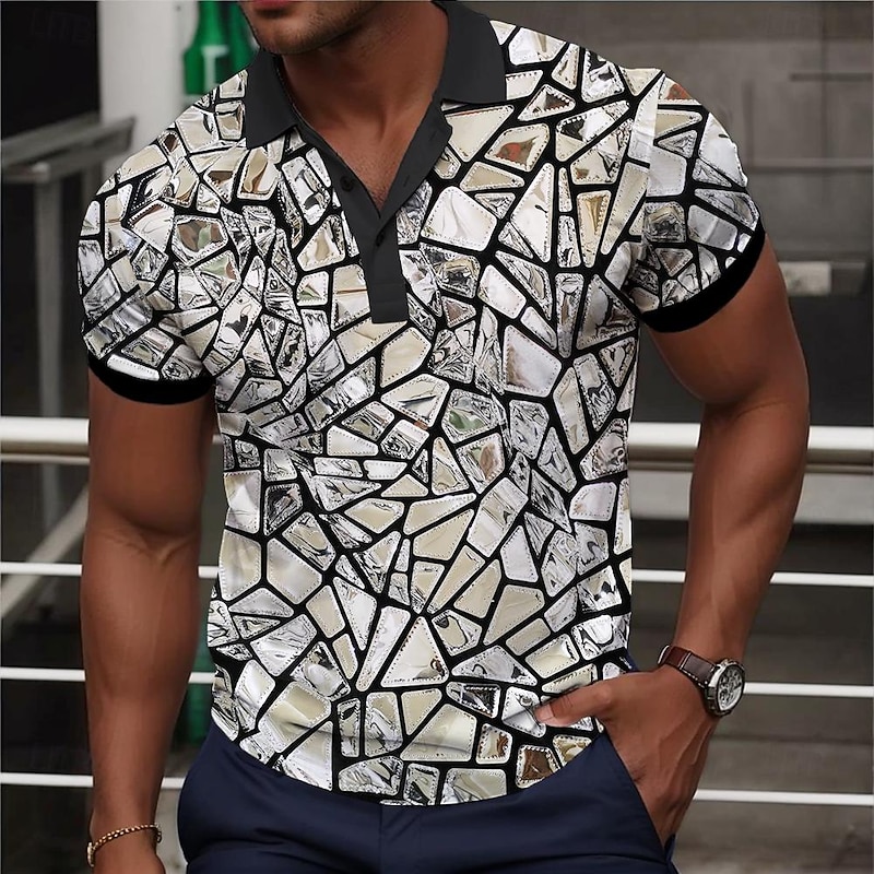 Men's Graphic Polo Shirts Golf Shirt Short Sleeve Polo Shirts Collared Shirts Vacation Wear Rave Wear Party Outfits Buttons 3D Print Spring & Summer Sillver Gray