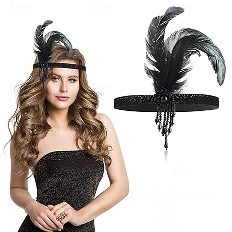 Vintage 1920s The Great Gatsby Flapper Headband Accesories Set Charleston Wedding Guest Feather Fashion Fancy Dress Women's Masquerade Wedding Reception Bachelorette Party Festival Adults' Headband3