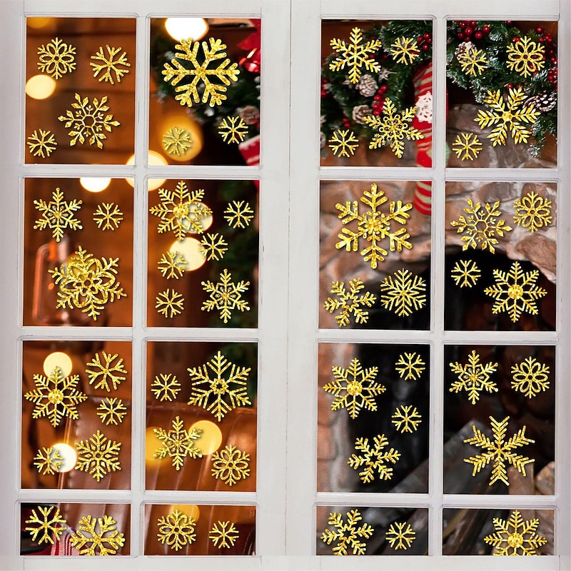 6 Sheets Snowflake Window Decals and Wall Stickers - Glittering Gold and Silver Static Cling, Festive Holiday Glass and Wall Decor for Christmas, Perfect for Windows, Mirrors, and Home Decoration