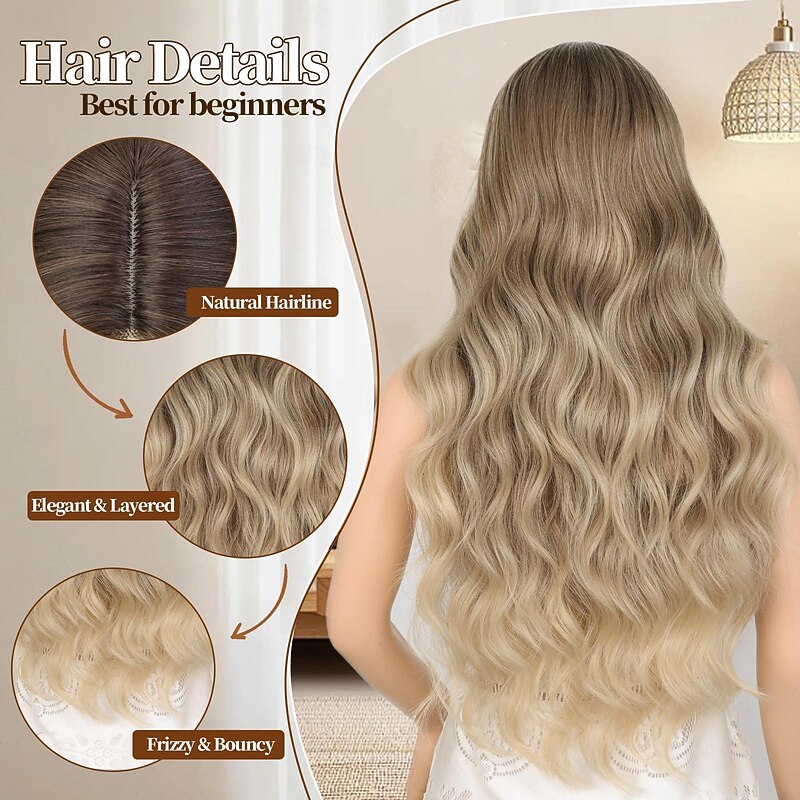 Blonde Wig for Women Long Wavy Wig with Dark Roots  26 Inch Middle Part Synthetic Fiber Hair for Daily Party Use Halloween Wigs3
