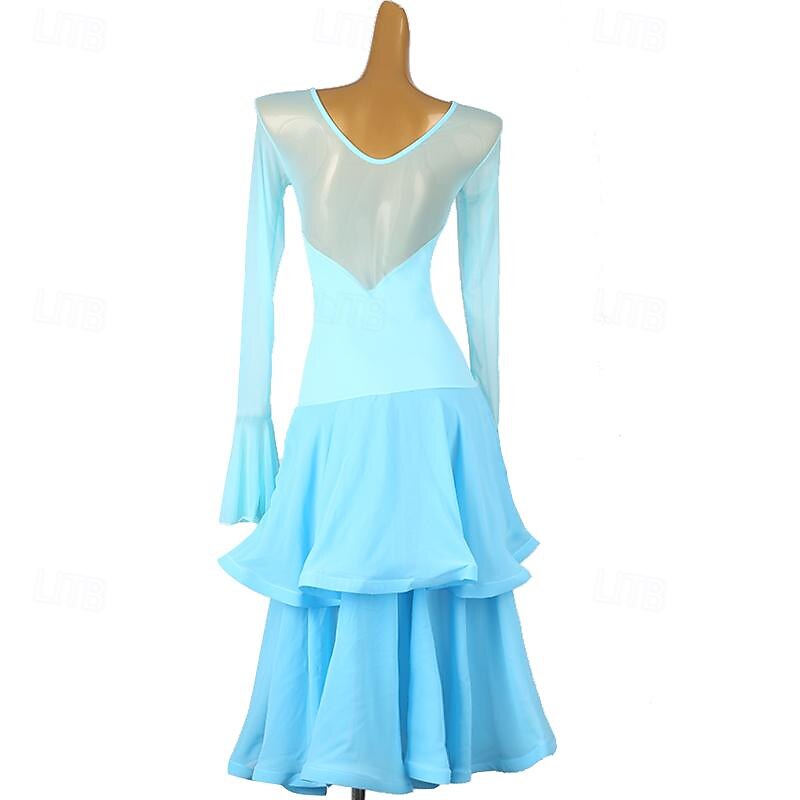 Ballroom Dance Dress Splicing Women's Performance Party Long Sleeve Chiffon Chinlon Mesh3