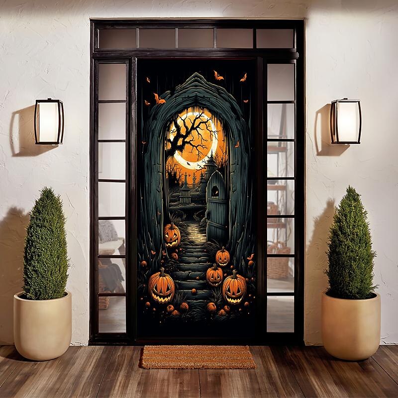 Halloween Door Decorations Halloween Door Covers Door Tapestry Pumpkins Forest Door Curtain Decoration Backdrop Door Banner for Front Door Farmhouse Holiday Party Decor Supplies 17