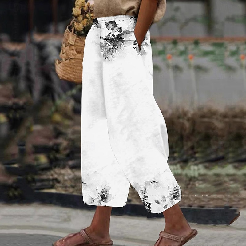 Women's Pants Trousers Fashion Long Floral Side Pockets Print Breathability Comfortable Inelastic Casual Daily White Pink Blue Dark Blue Spring & Summer Regular Fit2