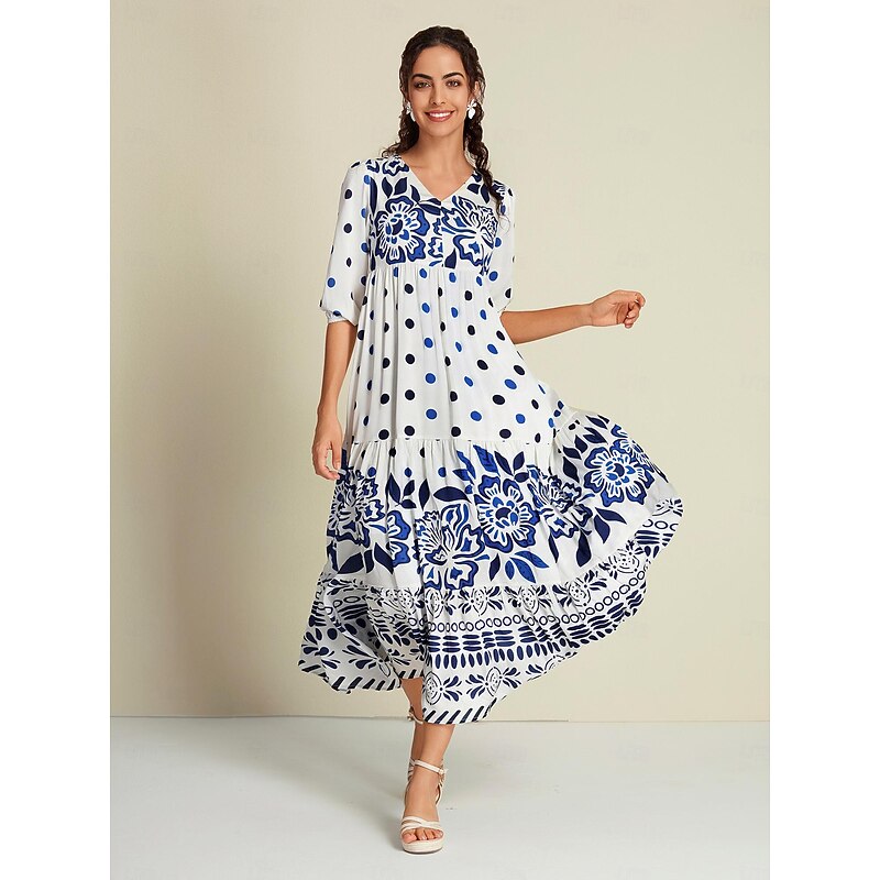 Satin Polka Dot 3/4 Length Sleeve V Neck Maxi Dress3