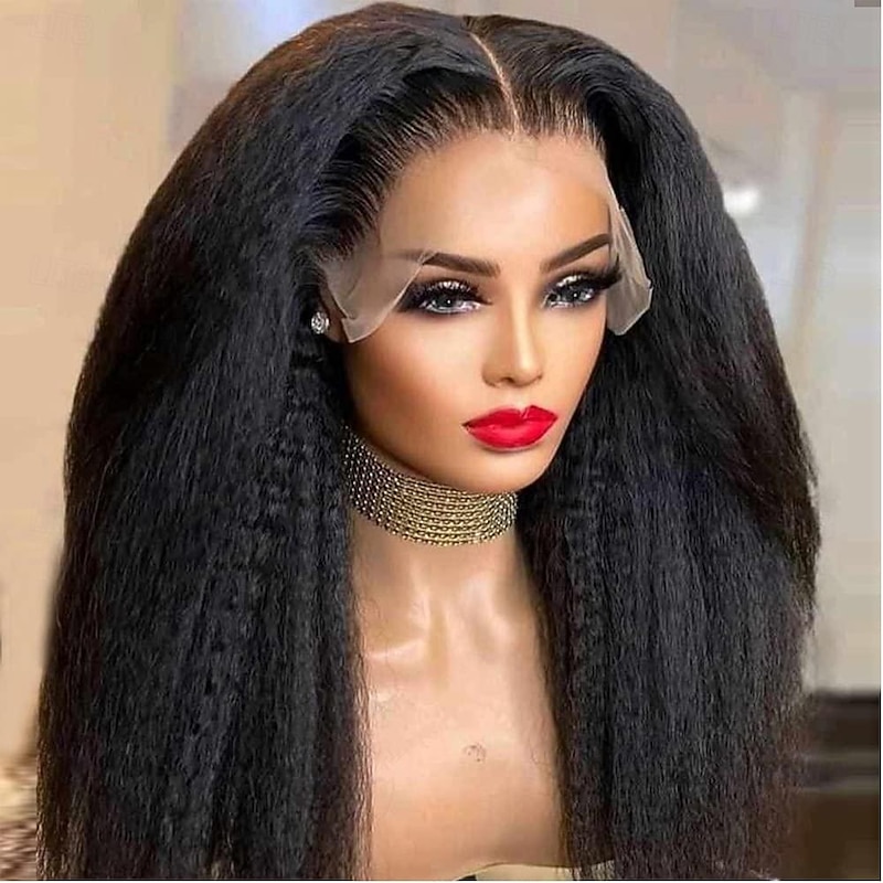 13x6 Lace Front Kinky Straight Wig HD Transparent Yaki Straight Frontal Closure Human Hair Wigs for Women 20Inch 180% Density Glueless Wig Pre Plucked With Baby Hair