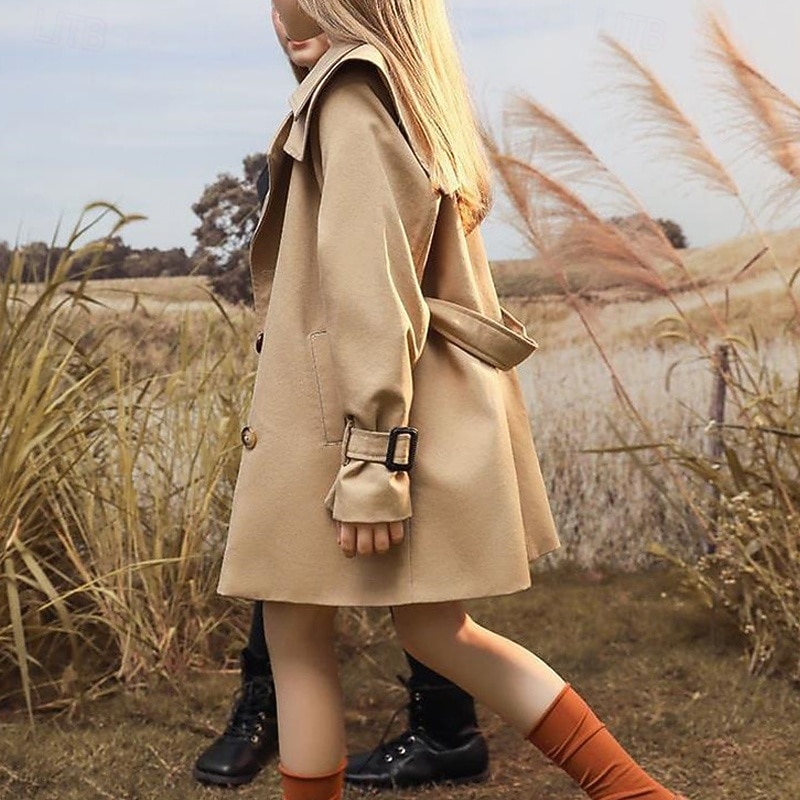 Kids Girls' Trench Coat Coat Outerwear Solid Color Streetwear Pocket Vacation Coat Outerwear 4-12 Years Spring Black Khaki4