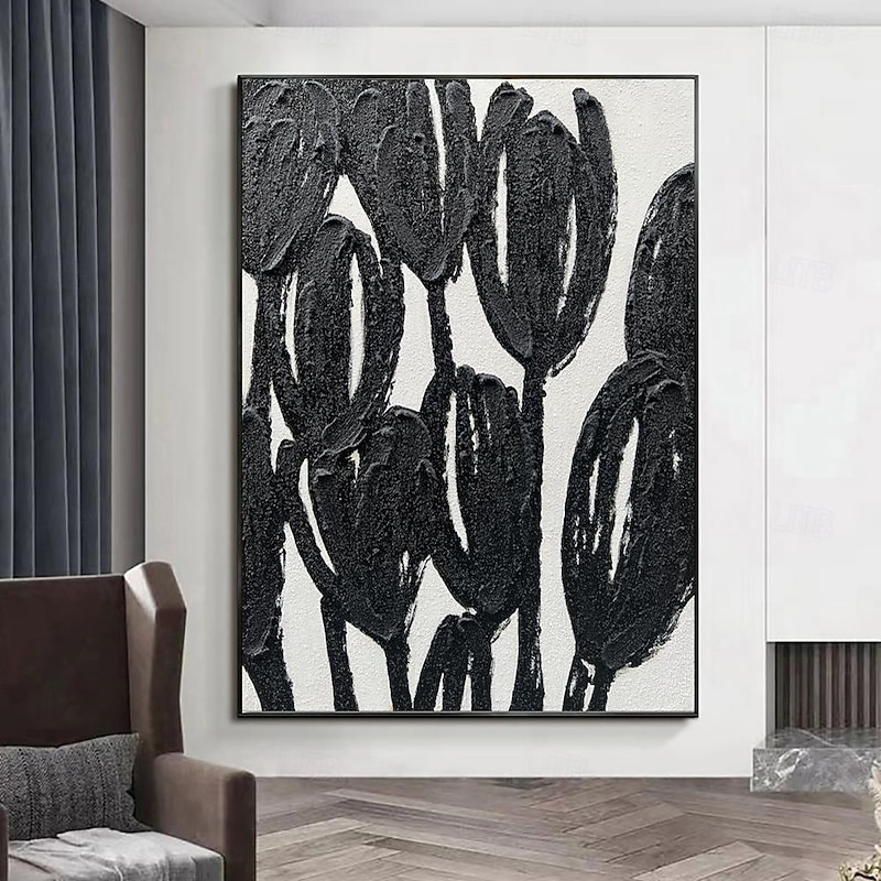 Handmade Oil Painting Canvas Wall Art Decoration Abstract Texture Black and White Flowers for Home Decor Rolled Frameless Unstretched Painting