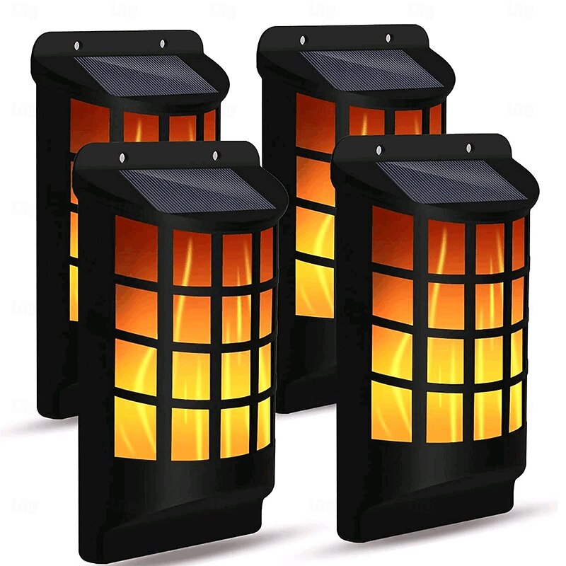 1 Pc Solar Flame Lights Outdoor, Waterproof Flickering Flame Wall Lights with Dark Sensor Auto On/Off 66 LED Solar Powered Night Lights Lattice Design for Garden Pathway Patio Deck Yard2